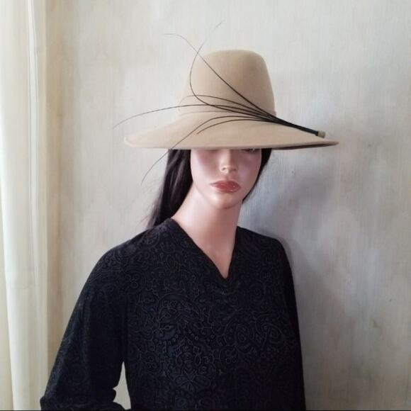 Upper Class Hats by Blima Camel Wide Brim Designer Hat Long Feather Accent